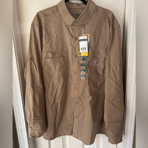MENS FORCE RELAXED CARHARTT XL KHAKI WORK SHIRT long sleeve - Picture 5 of 7